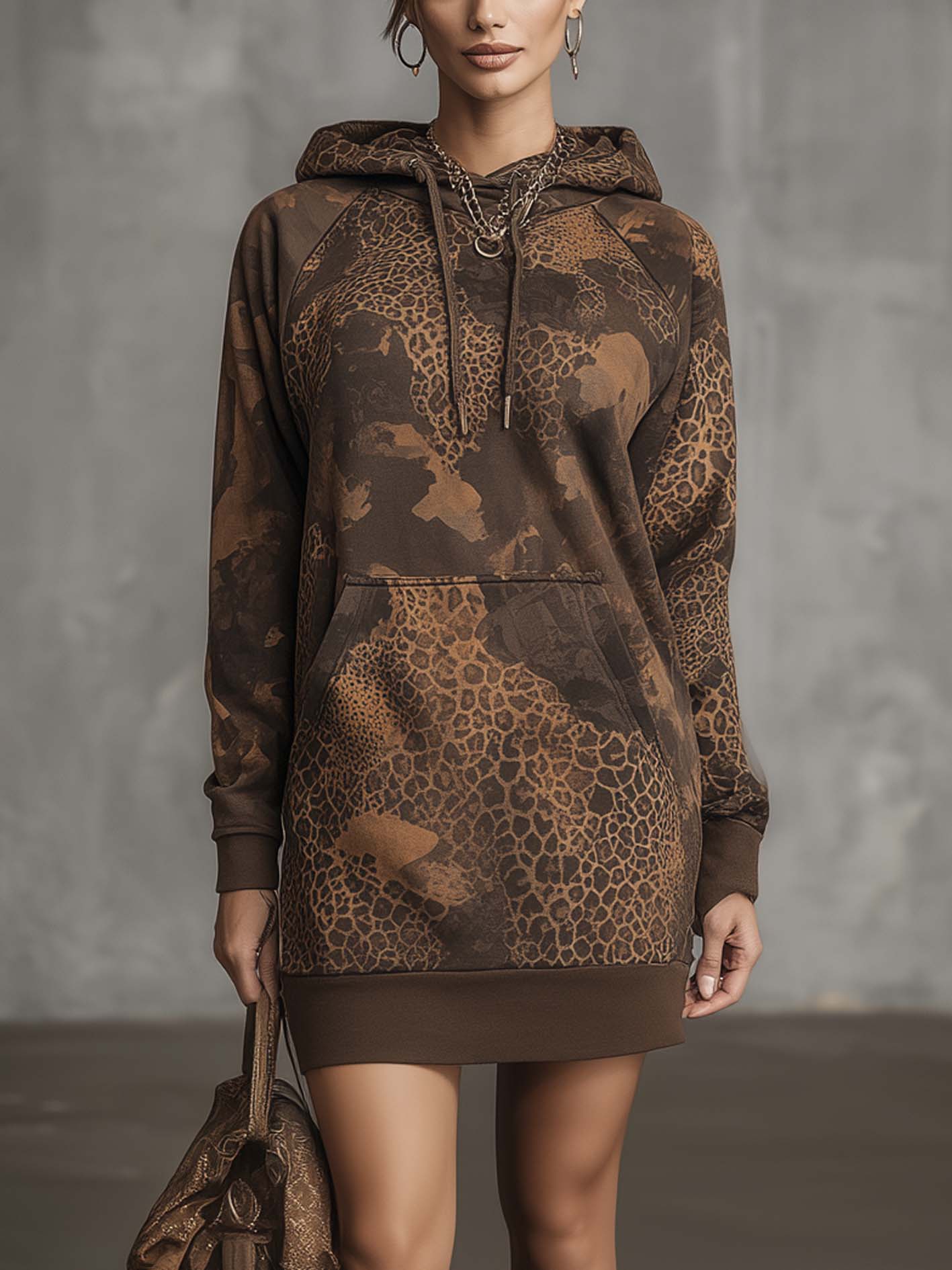 Martyna | Brązowa sukienka mini z kapturem w wzór lamparta