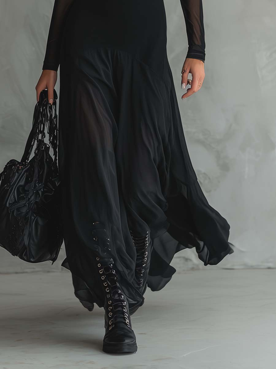 Ewa | Sukienka Maxi Loose-fit z Tyllu Czarnego