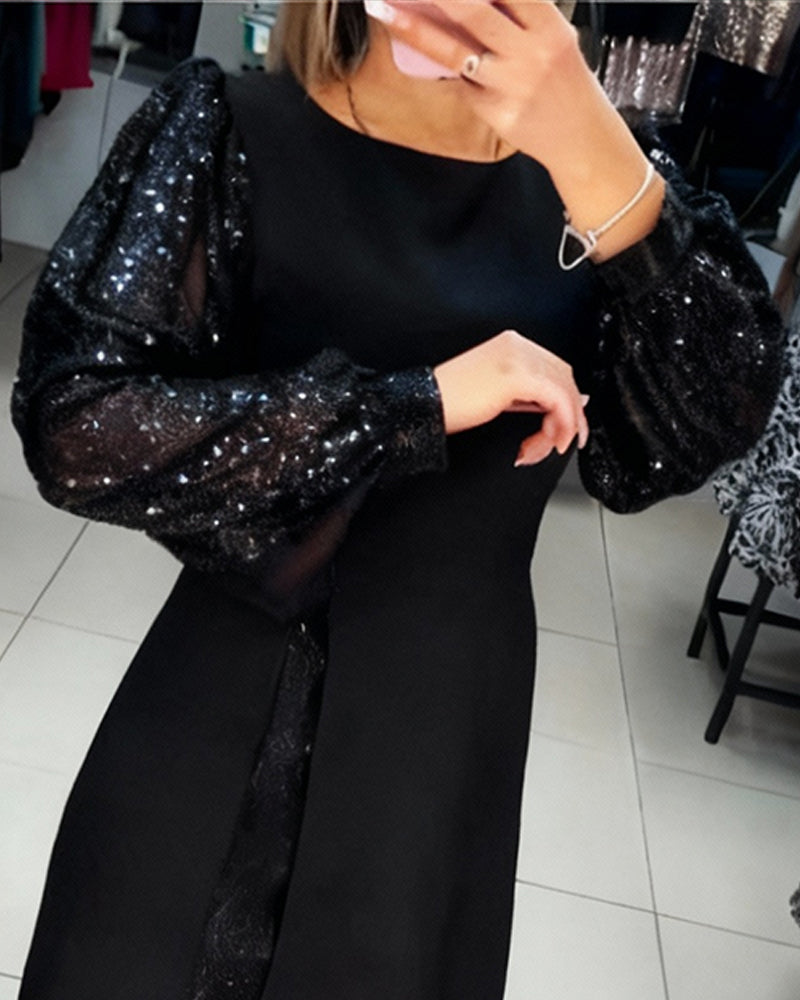 Liliana | Elegancka Sukienka z Bufiastymi Rękawami i Patchworkowymi Detalami