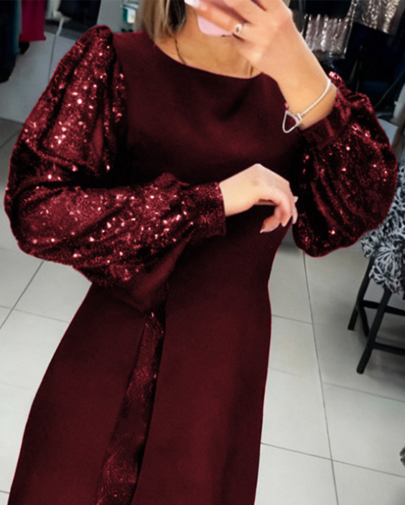 Liliana | Elegancka Sukienka z Bufiastymi Rękawami i Patchworkowymi Detalami