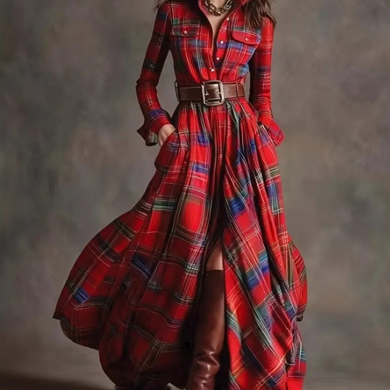 Krystyna | Czerwona Sukienka Maxi w Elegancką Kratę