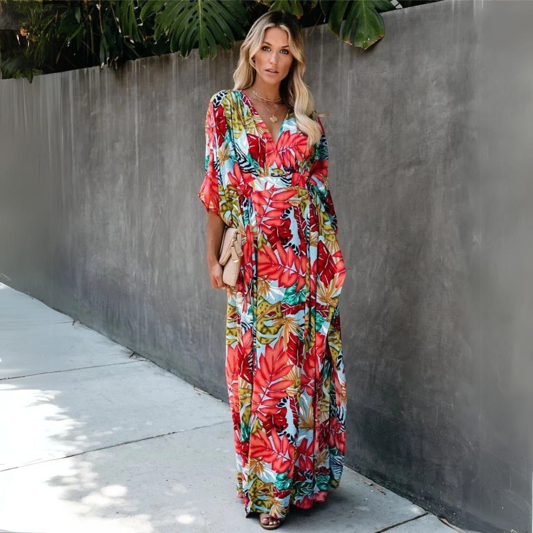 Natálie | Maxi sukienka w tropikalny wzór z luźnym krojem