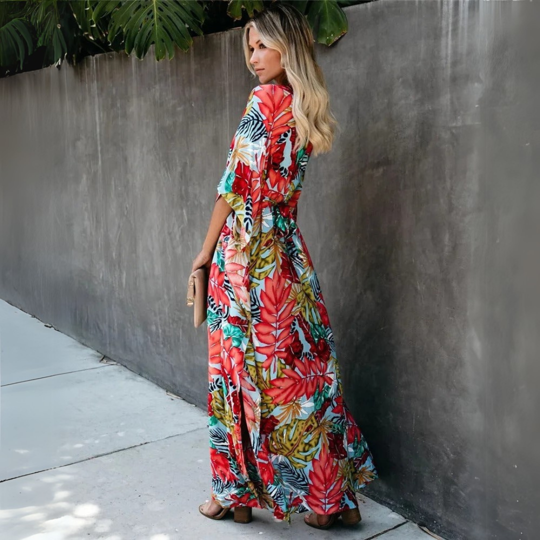 Natálie | Maxi sukienka w tropikalny wzór z luźnym krojem