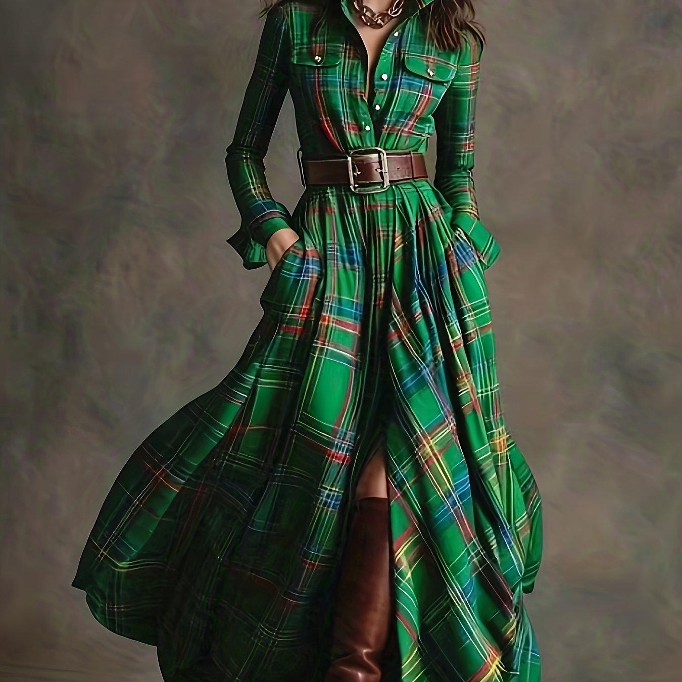 Krystyna | Czerwona Sukienka Maxi w Elegancką Kratę